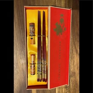 Bamboo Longevity Print China Chopsticks/Rests Gift Set of Two